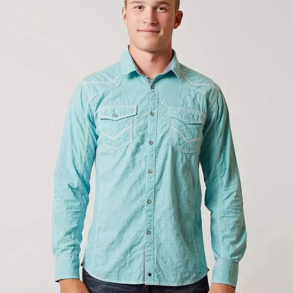 Buckle Black Teal Western‎ Pearl Snap Dress Shirt Size Large Athletic Fit Men's